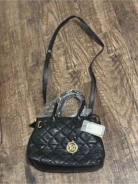 Quilted Black Crossbody Satchel with Gold Monogram Charm